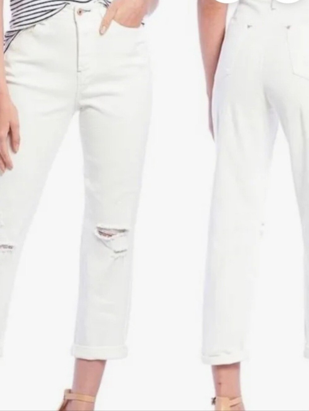 A Loves A Crisp White Distressed Boyfriend Jeans, Copper Buttons NWT, 26"Wx 35"L